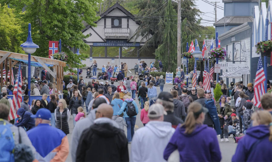 Crowds line the streets of downtown Poulsbo just before the start of the parade.