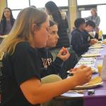 Hannah Richards and Allison Dvorak enjoy the senior athletes breakfast.