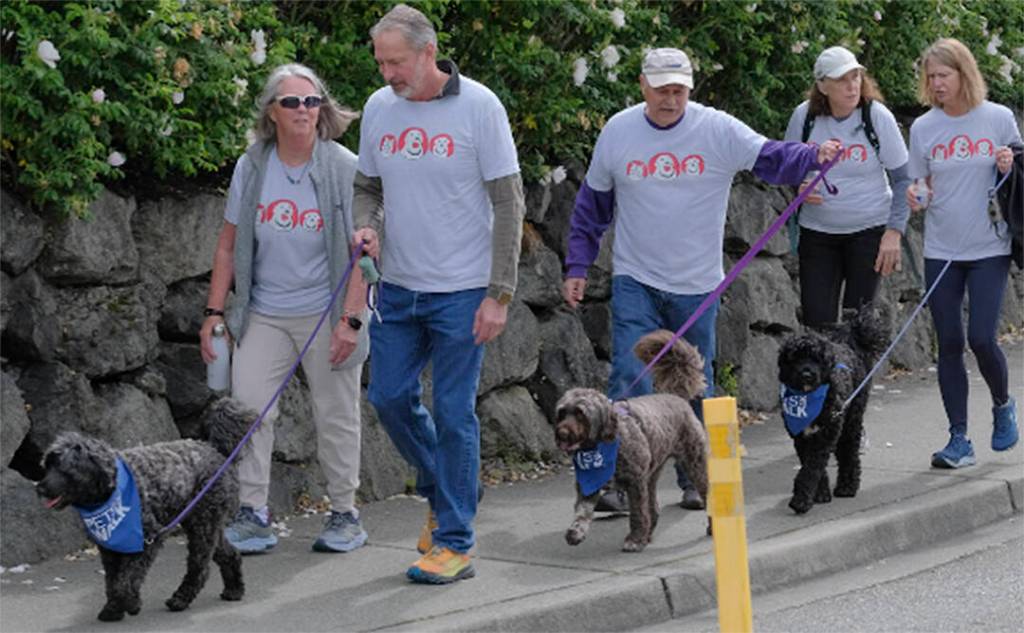 The dogs may not look like their owners, but their owners shirts sure look alike.