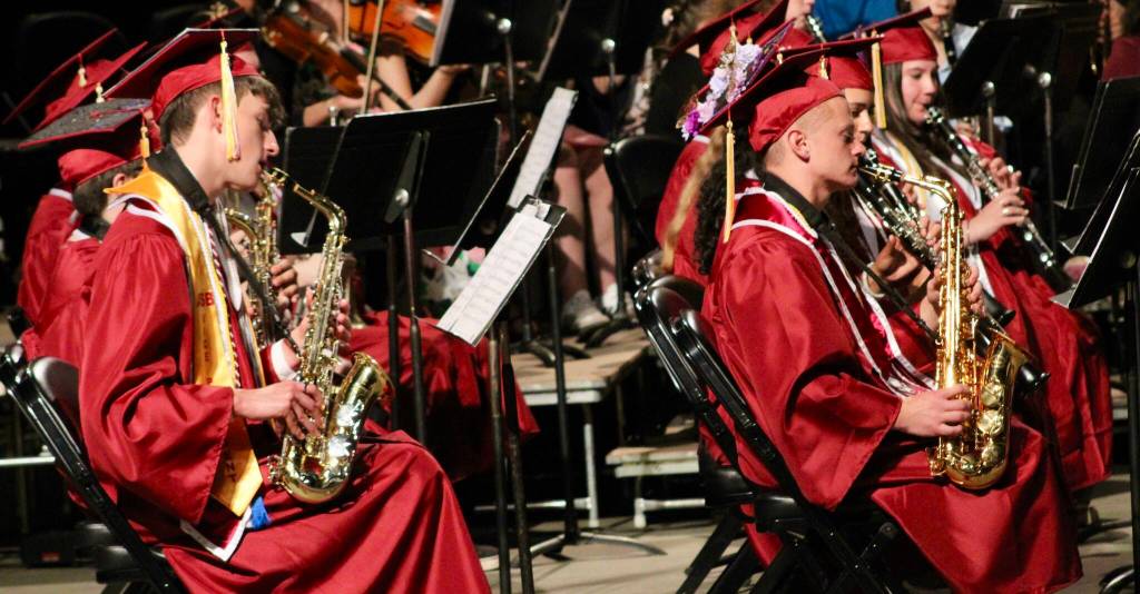 Seniors perform a concert band piece during the South Kitsap graduation ceremony.