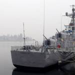 This Navy ship in Bremerton is surrounded by smoke from a wildfire.
