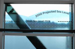 Molly Hetherwick/Kitsap News Group photos
A window decal demonstrating global sea level rise, installed on a window of the Bainbridge Island Ferry Terminal June 28.