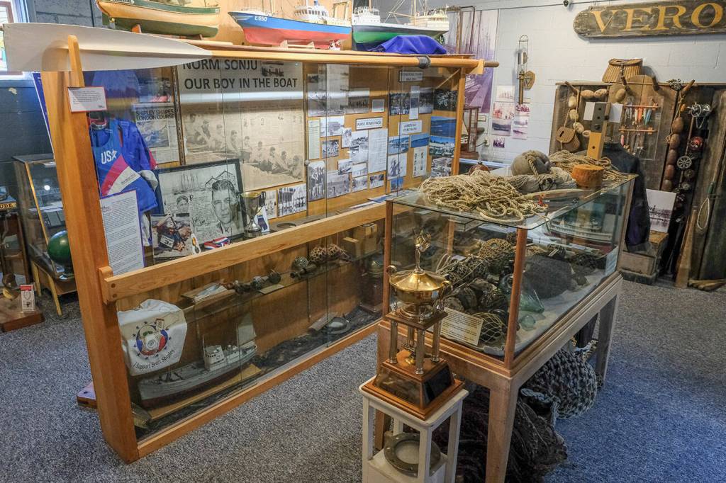 Maritime artifacts in display cases at the museum.