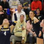Elisha Meyer/Kitsap News Group photos
A line of Spartan attackers prepare to approach the net as senior setter Lola Batcheller gets underneath the ball.