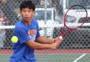 Elisha Meyer/Kitsap News Group photos
Bremertons Joseph Cao prepares to hit a backhand in his league semifinal match.