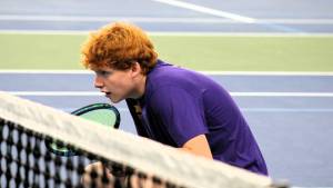 Elisha Meyer/Kitsap News Group
North Kitsaps Mason Repp crouches down while awaiting the serve from his partner Justin Gallant on day one of the 2024 district tournament.