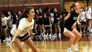 Elisha Meyer/Kitsap News Group
South Kitsap girls trying out for the basketball team run through drills on day one of the 2024-25 winter sports season.
