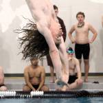 Elisha Meyer/Kitsap News Group photos
South Kitsap senior Ronan Wilson takes a practice dive before the contest begins.
