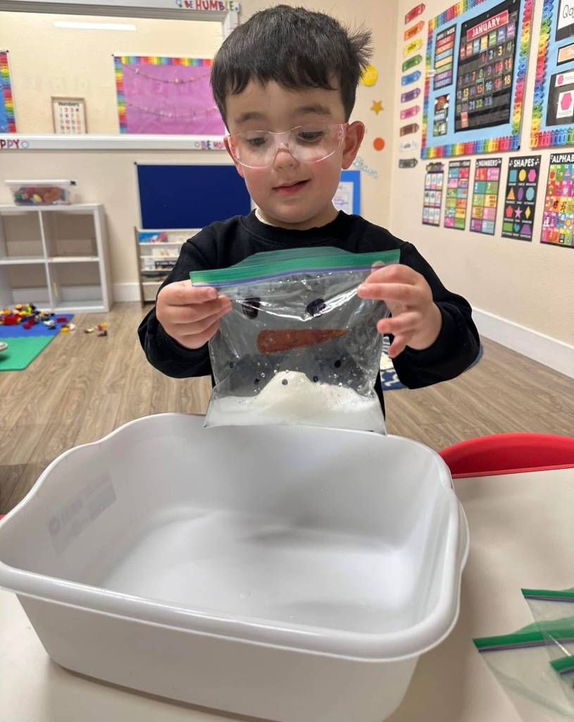 A recent science activity involved creating exploding snowmen using vinegar and baking soda to create a chemical reaction.