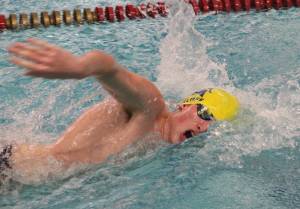 Luke Caputo/Kitsap News Group
Spartan sophomore Bradley Roloff competes in the 200-yard freestyle at the Olympic League meet at the North Kitsap Community Pool in Poulsbo Feb. 1.