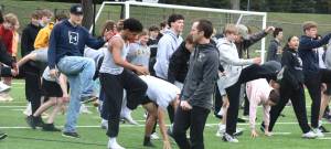 Luke Caputo/Kitsap News Group photos
Vikings assistant track coach Dustin Haydock preps his team on the first day of practice at North Kitsap High School March 3.