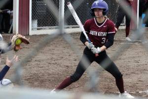 Luke Caputo/Kitsap News Group photos
Katelyn Aaenson of SK watches a pitch go by in a 13-1 loss to the Rogers March 18 at South Kitsap High School.