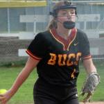 Buccaneer starting pitcher Summer Moore prepares to throw a pitch against Bainbridge March 31.