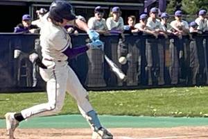 Luke Caputo/Kitsap News Group photos
Viking Nolan Rowe connects on a pitch in a 9-0 North Kitsap win over Kingston April 23 in Poulsbo.