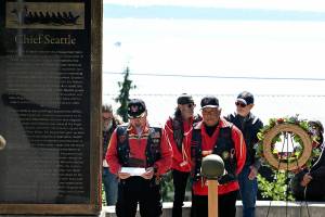 Suquamish Tribe courtesy photos
Members of the Suquamish Warriors speak at the 20th anniversary of the Veterans Monument May 23.