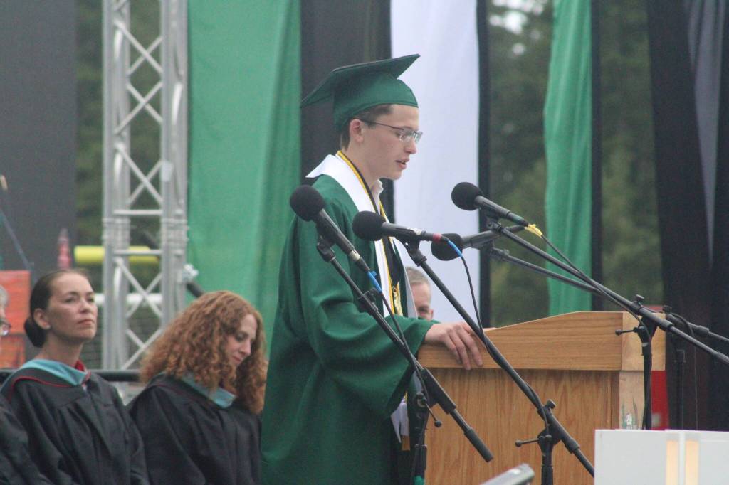 Klahowya Salutatorian Tyler Larson gives his speech at the graduation ceremony June 13.