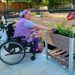 Kitsap Rescue Mission courtesy photos
Pacific Building resident Ursula Kelley works at one of the new wheelchair accessible vegetable bins in the shelters backyard.