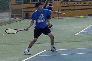 Luke Caputo/Kitsap News Group photos
Knight Eric Prewitt prepares to hit a forehand in a match against North Kitsap Sept. 9 in Bremerton.