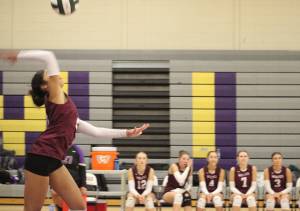 Luke Caputo/Kitsap News Group photos
SKs Kohana Castro serves the ball in a 3-1 win Wolves win over the North Kitsap Vikings Sep. 10 in Poulsbo.