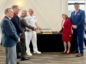 Britney Fletcher-West/Kitsap News Group photos
(left to right) Retired U.S. Navy Capt. George Bieda, Bremerton Mayor Greg Wheeler, retired Master Chief Petty Officer Rick D. West, Rear Adm. Christopher A. Nash, Bremerton-Olympic Peninsula Council president of the U.S. Navy League Patty Lent, and Pastor Peter Voorhees of City Chapel of Bremerton attended the U.S. Navys 250th birthday celebration at the Puget Sound Navy Museum in Bremerton Sept. 26.