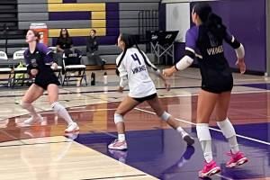 Luke Caputo/Kitsap News Group
Vikings Emma Banzer, Rachel Le, and Silvia Okunami look to make a play in a 3-2 NK win over Sequim Sept. 30 in Poulsbo.
