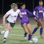Luke Caputo/Kitsap News Group photos
Viking Abby Marrero battles for the ball with a Port Angeles defender with Viking Addy Jueco looking on in a 2-0 NK home loss to the Roughriders Oct. 16.