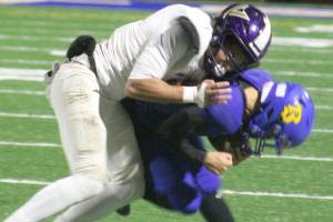 Luke Caputo/Kitsap News Group photos
Viking Solomon Furne brings down Knight running back Kenneth Najera in a 24-6 NK win Oct. 31 in Bremerton.