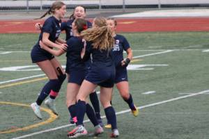 Brent Anderson courtesy photos
The Crosspoint Christian Wildcats celebrate Brooke Berens goal in a 1-0 win over the Freeman Scotties in the 1B/2B girls soccer state championship Nov. 22 in Tumwater.