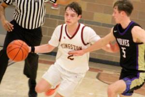 Luke Caputo/Kitsap News Group photos
Buccaneer Aiden Heffernan brings the ball up the court in a 57-53 Kingston home loss to Sequim Jan. 16.