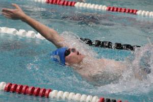 Luke Caputo/Kitsap News Group photos
Trojan Caleb Davis competes in the 500-yard freestyle event at the 2026 Boys Swimvitational at the Olympic High School Aquatic Center Jan. 17.