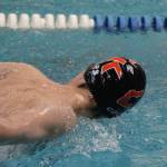 Central Kitsap Cougar Gabriel Griffin competes in the 400-yard freestyle relay event at the 2026 Boys Swimvitational at the Olympic High School Aquatic Center Jan. 17.