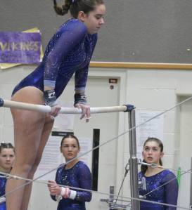 Luke Caputo/Kitsap News Group
Bainbridge Spartan Elsa Drugge competes in a high bar event Jan. 24 at Breidablik Elementary in Poulsbo.