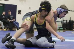 Kayleigh Coulter courtesy photo
Spartan Omid Neghabat won his match against Buccaneer Dawson Frezell during a wrestling meet at Banbridge High School Jan. 28.