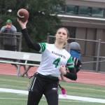 Eagle quarterback Leah Pearce throws a pass in Klahowyas 35-21 win over Kingston in the West Central District 1A/2A girls flag football championship Jan. 31 at Integrity Roofing Stadium in Bremerton.