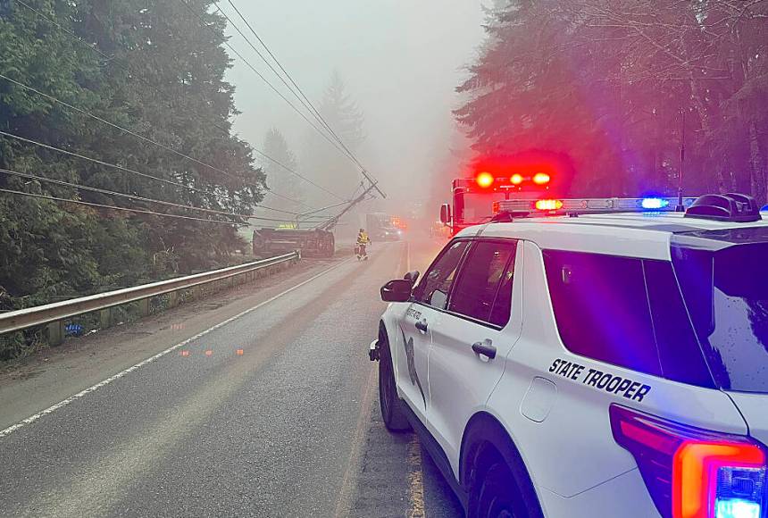 <p>Trooper Katherine Weatherwax courtesy photo</p>
                                <p>A truck and a semi truck collided and then struck a power pole near the intersection of Highway 104 and Bond Road Feb. 5, closing the roadway to all traffic for most of the day. </p>