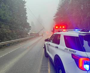 Trooper Katherine Weatherwax courtesy photo
A truck and a semi truck collided and then struck a power pole near the intersection of Highway 104 and Bond Road Feb. 5, closing the roadway to all traffic for most of the day.