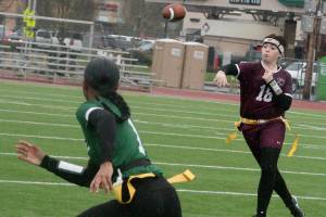 Luke Caputo/Kitsap News Group
SK quarterback Erin OShaughnessy throws a pass in a 21-14 Wolves loss to Kentridge Feb. 7 in the first round of the 4A girls state flag football tournament at Sunset Stadium in Sumner.