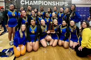 Jennifer Owens courtesy photo
The Bremerton Knights cheerleading team won its third consecutive state championship Feb. 7 at Battle Ground High School.