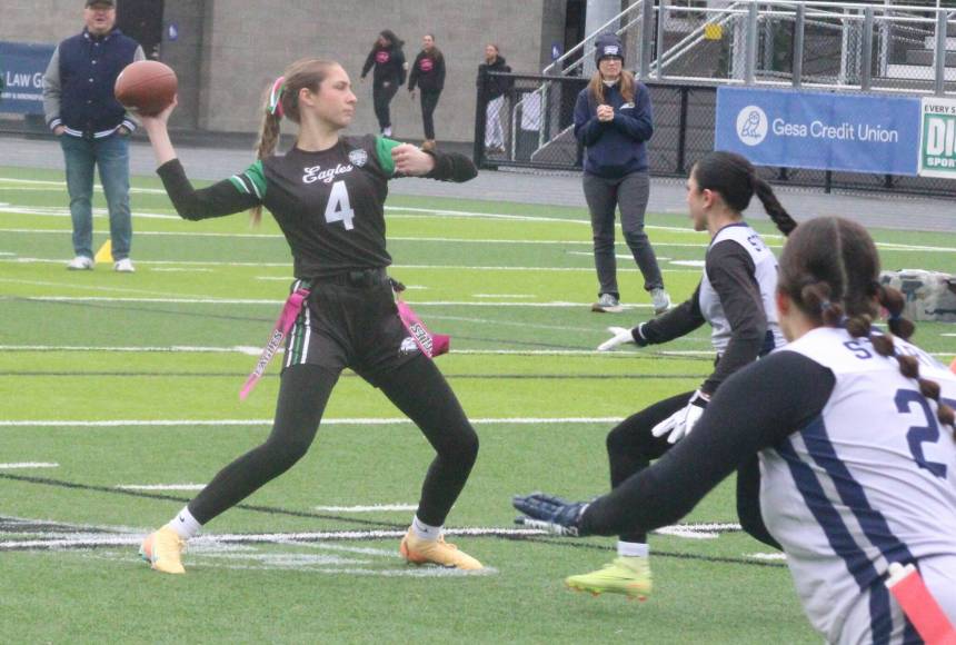 <p>Luke Caputo/Kitsap News Group</p>
                                <p>Klahowya quarterback Leah Pearce prepares to throw a pass to a teammate in a 21-7 Eagle loss against the Squalicum Storm Feb. 13 in the semifinals of the 1A/2A girls state flag football tournament at Federal Way Memorial Stadium.</p>