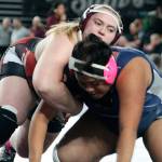 Elizabeth Hayden of South Kitsap wrestles against Skyview Eagle Madisyn Cardens in the girls 4A 235-pound championship match at the state wrestling Mat Classic Feb. 20 at the Tacoma Dome.