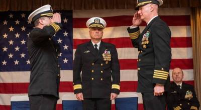 NBK courtesy photo
Capt. John Hale (left), Rear Adm. Jonathan Townsend (center), and Capt. Alexander Baerg (right) at the command ceremony Feb. 20.