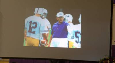 Luke Caputo/Kitsap News Group
Former North Kitsap High School football coach Larry Parrish is shown on a slideshow at a celebration of life ceremony for him Feb. 28 in Poulsbo.