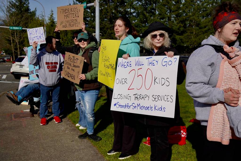 Joshua Kornfeld/Kitsap News Group photos
Community members rally outside of St. Michael Medical Center in Silverdale March 27 to protest the upcoming closure of the hospitals pediatric rehabilitation clinic.