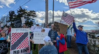 K. Dolges courtesy photo
Community members hold signs in opposition to the Trump Administration during the No Kings 3 protest March 28 in Port Orchard.