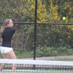 Luke Caputo/Kitsap News Group photos
Viking Noelle Oberholtzer prepares to hit a backhand during a singles match in a 5-2 NK win over the Olympic Trojans April 21 in Bremerton.