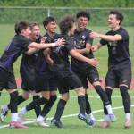 Luke Caputo/Kitsap News Group photos
Viking Dylan Benecki celebrates with his teammates after scoring the match-sealing goal in NKs 2-0 win over the North Mason Bulldogs in the first round of the 2026 District 3 2A Boys Soccer Tournament May 9 in Poulsbo.