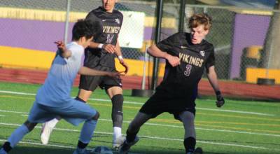 Luke Caputo/Kitsap News Group
Vikings Nolan Bond and Akiles Lopez look to possess the ball during a 1-0 NK home loss to Clover Park in the 2026 District 3 2A Boys Soccer Tournament May 14.