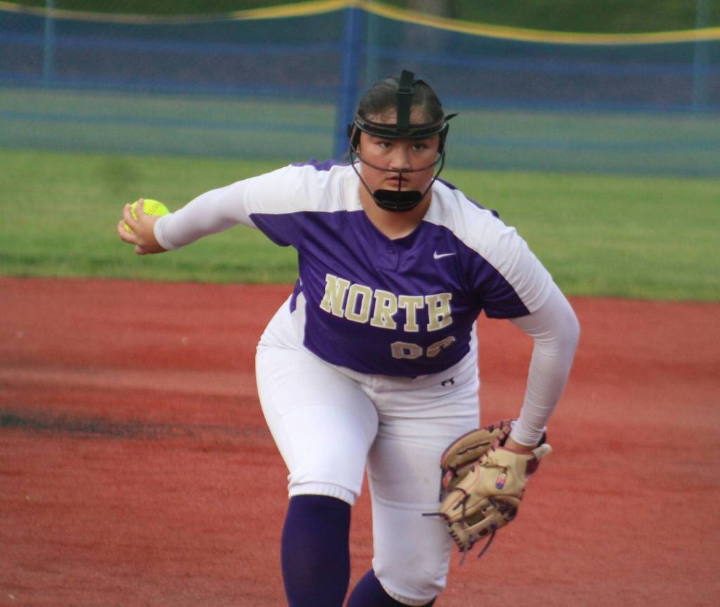 Viking Charizma Fake winds up a pitch in a 10-8 loss to Port Angeles in the 2026 District 3 2A Fastpitch Championship May 16 at the Regional Athletic Complex in Lacey.