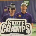 Luke Caputo/Kitsap News Group photos
NK Vikings Grady DeVries (left) and Rocco Targett (right) holding the state champs sign after winning their title match in boys doubles May 23 at the Nordstrom Tennis Center at the University of Washington in Seattle.