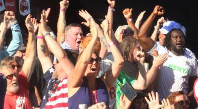 Luke Caputo/Kitsap News Group photos
Fans cheer on the USAs opening World Cup win over Paraguay June 12 at Quincy Squares Fan Zone in Bremerton.